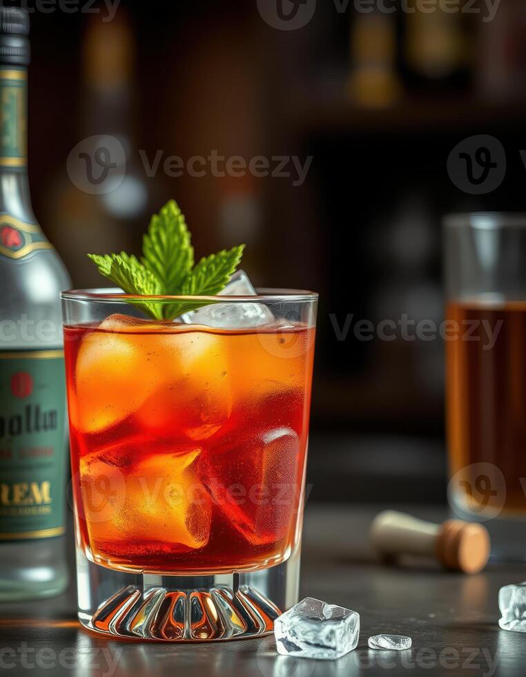 Refreshing cocktail served in a glass with ice and mint on a wooden table in an inviting bar setting photo
