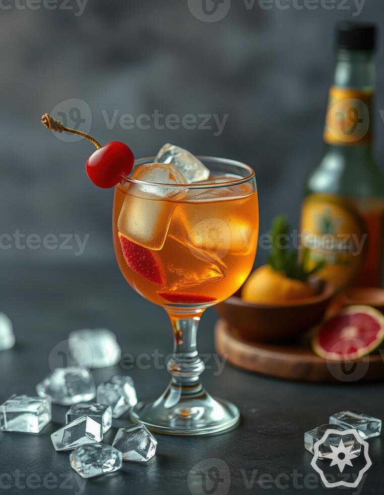 Refreshing cocktail served in a glass with ice and garnished with cherry and citrus slice photo