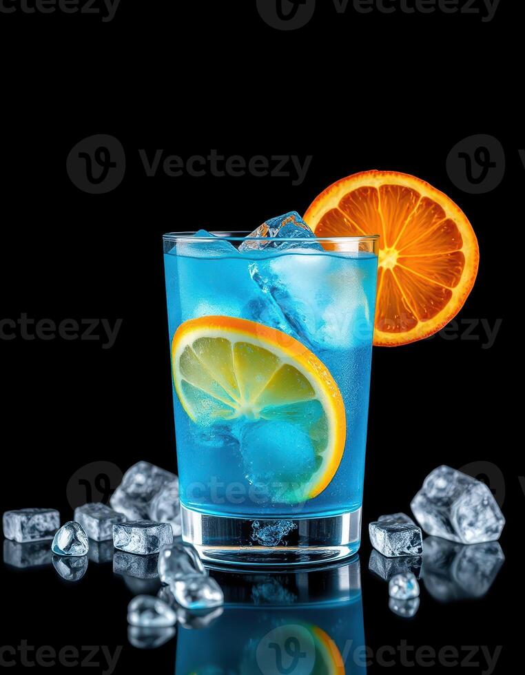 Colorful cocktail garnished with orange and lemon slices on a black background with ice cubes photo