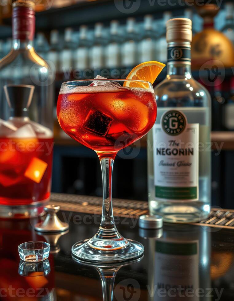 Vibrant cocktail sitting on a bar counter with garnish and bottles in the background photo