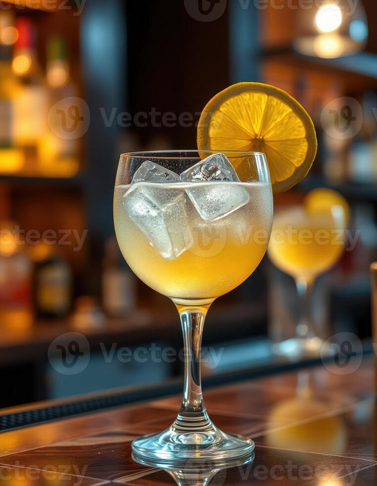 Refreshing cocktail with lemon garnish served in elegant glass at a stylish bar in the evening photo