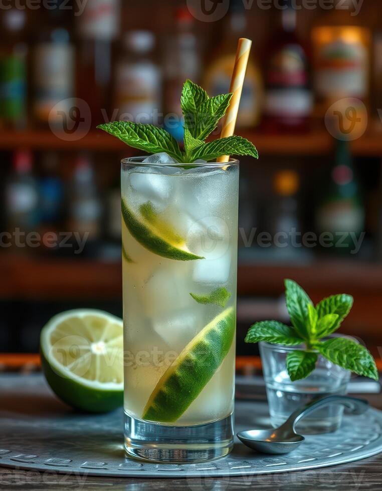 Refreshing mojito cocktail with mint and lime served at a bar during a lively evening photo