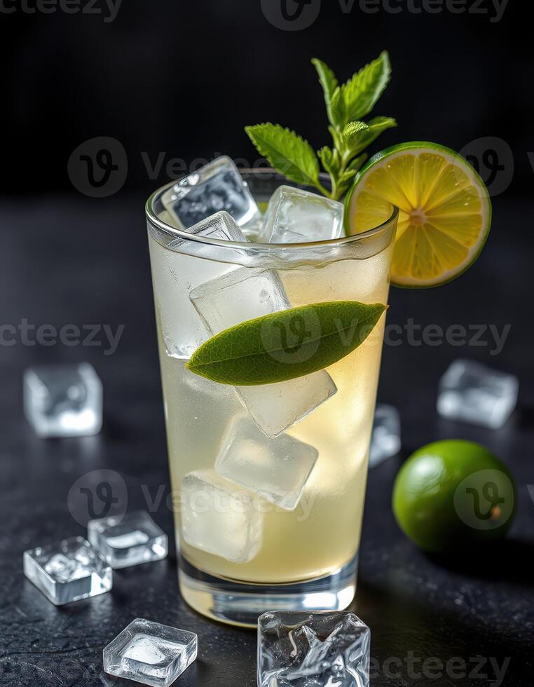 Refreshing cocktail with ice cubes, lime, and mint garnished on a dark backdrop photo