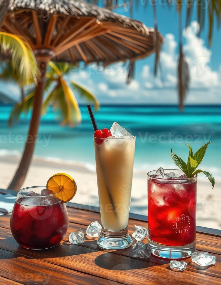 Refreshing tropical cocktails served on a beachside table with a serene ocean view on a sunny day photo