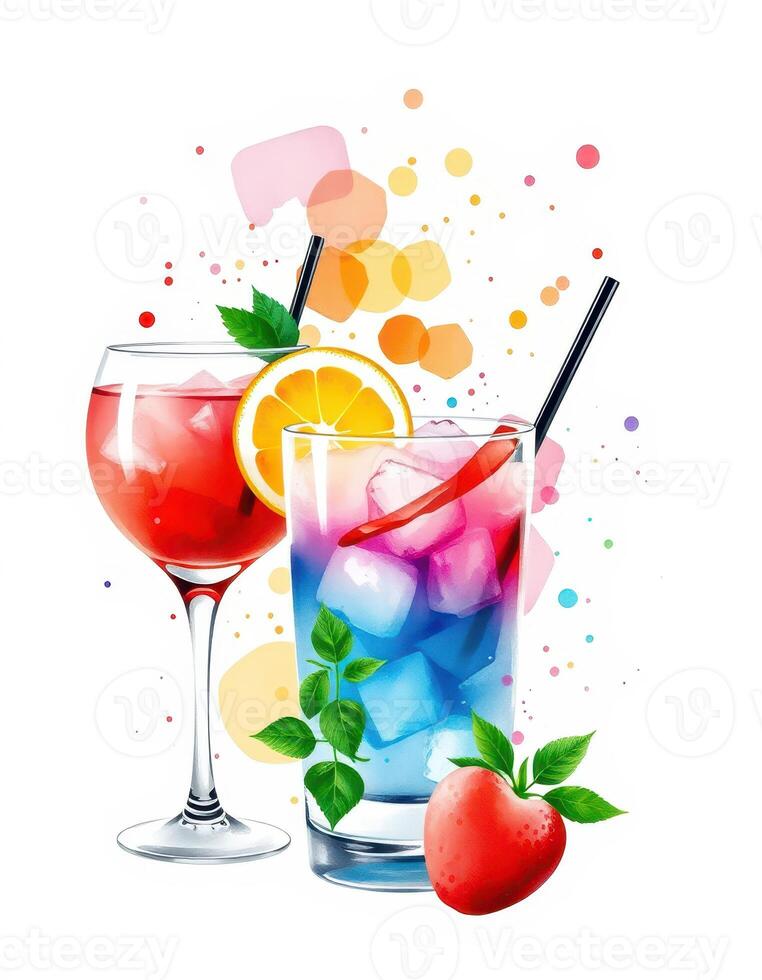 Refreshing summer cocktails with colorful garnish and ice on a vibrant background photo