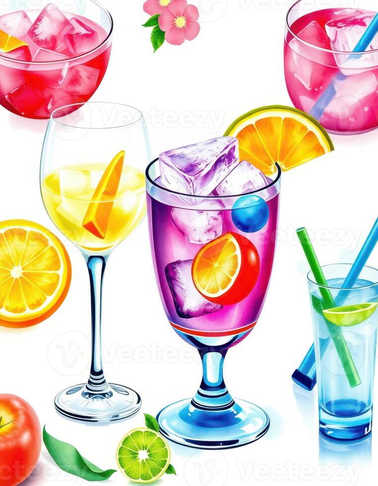 Colorful cocktails featuring fresh fruits and ice served in elegant glassware at a summer gathering photo
