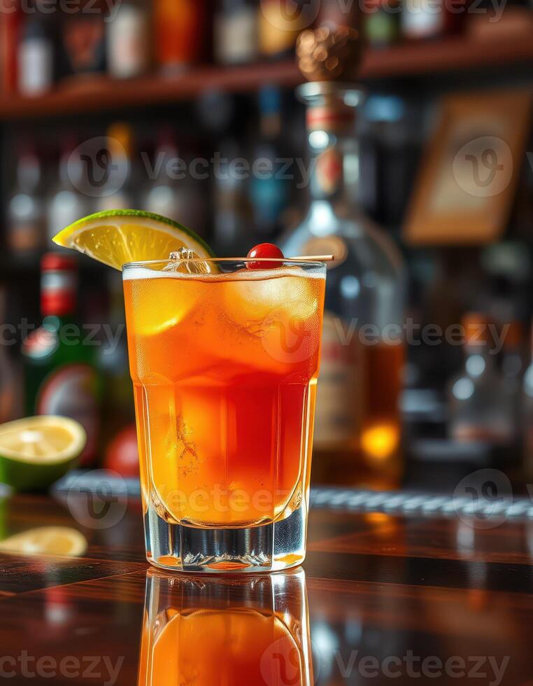 Refreshing cocktail with citrus garnish served at a bustling bar in the evening photo