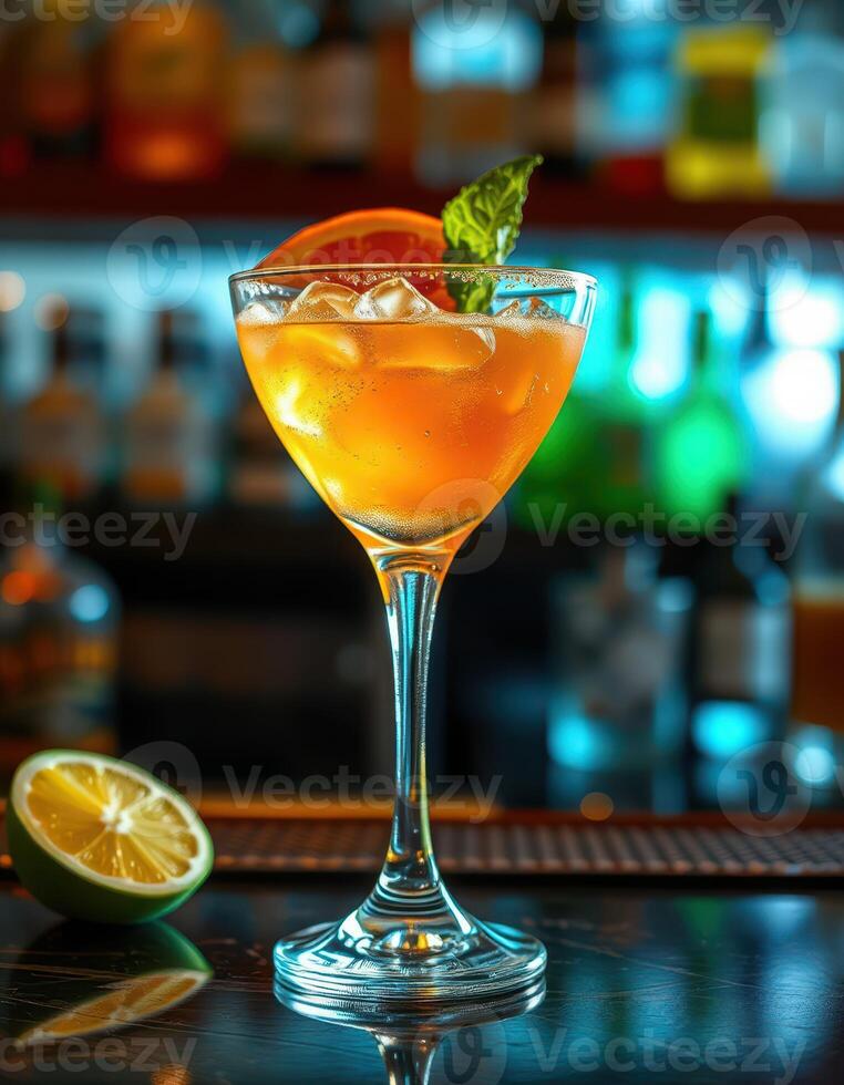 Refreshing cocktail served in a elegant glass garnished with mint and orange on a well-stocked bar photo