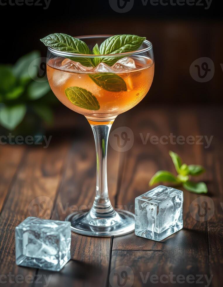 Refreshing cocktail served in an elegant glass with mint leaves and ice cubes on a wooden table photo