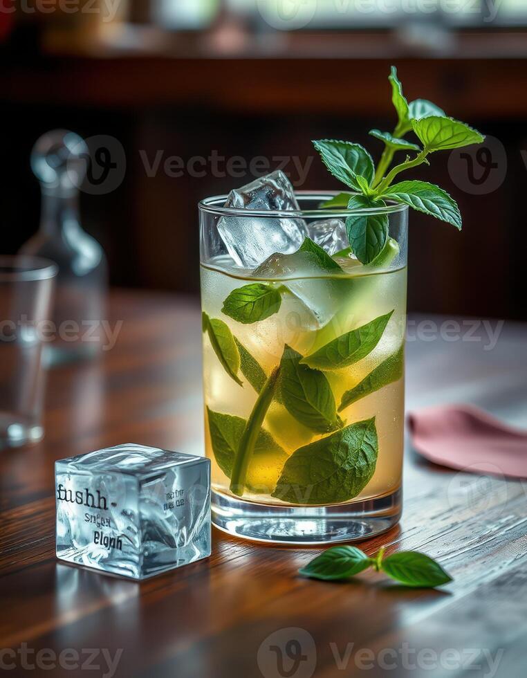Refreshing mint cocktail with ice on a wooden table in a cozy bar during the evening hours photo
