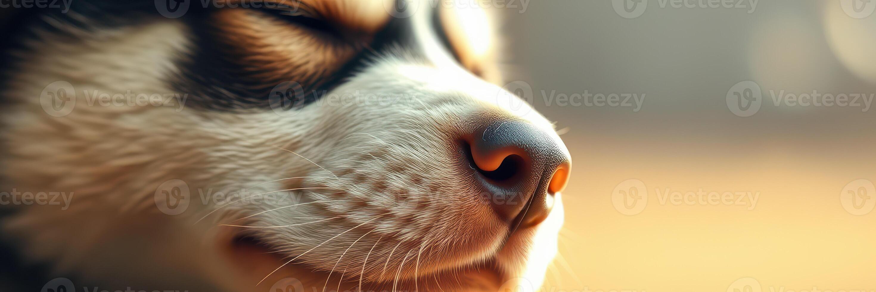Close-up of a content puppy enjoying a sunny day in a warm home environment photo