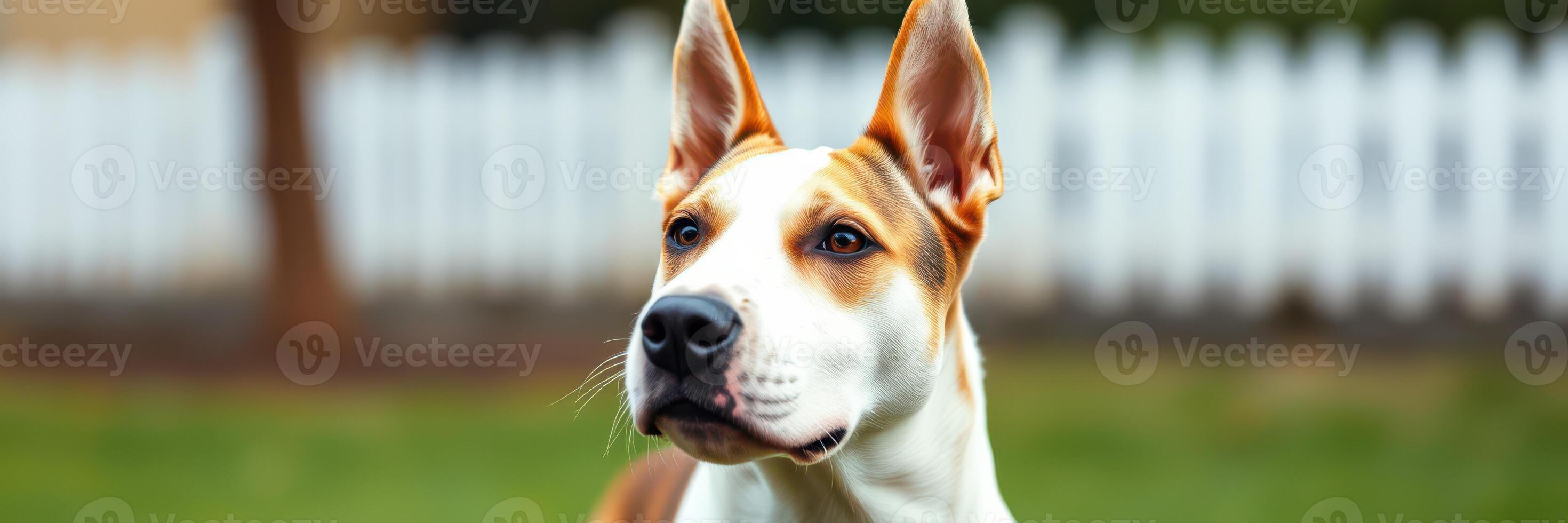 Beautiful dog standing in a yard with a white picket fence and soft green grass under a bright sky on a sunny day photo