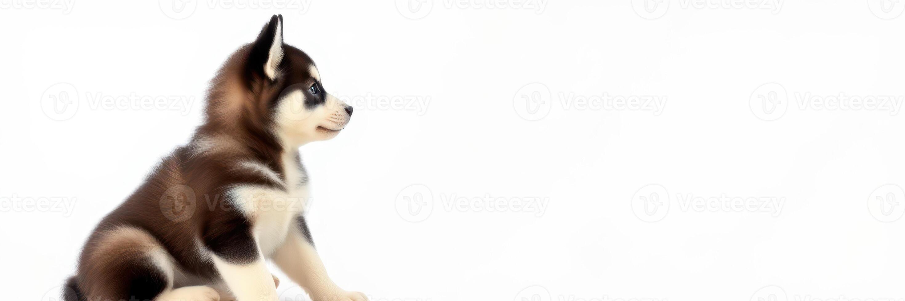 Cute puppy sitting calmly and looking to the side in a simple, bright setting photo