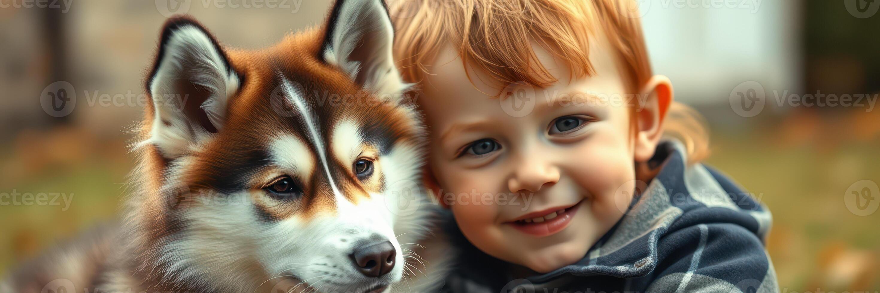 Young child embraces a husky puppy in a cheerful outdoor setting during autumn photo