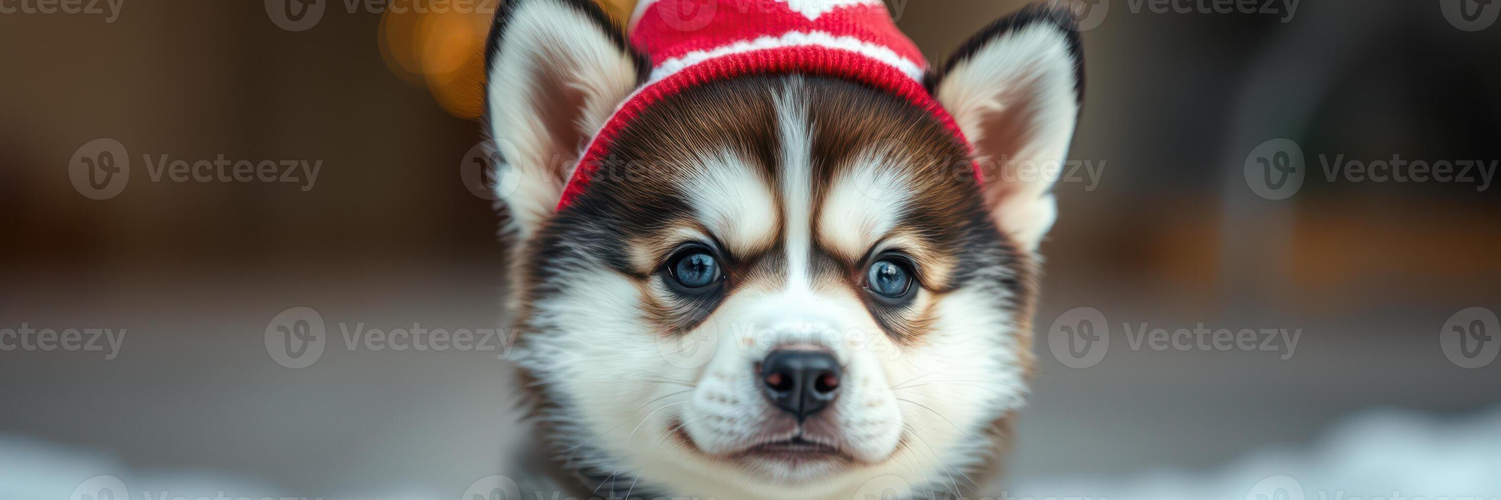 Adorable puppy wearing a festive hat enjoys a winter day with snow all around in a cozy indoor setting photo