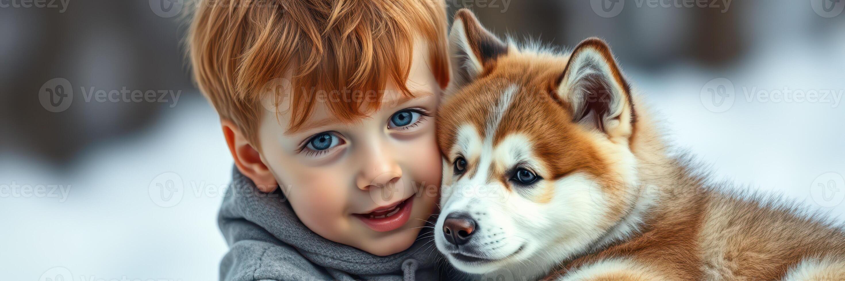 Boy enjoys playful moment with adorable husky puppy in winter landscape surrounded by snow and trees photo