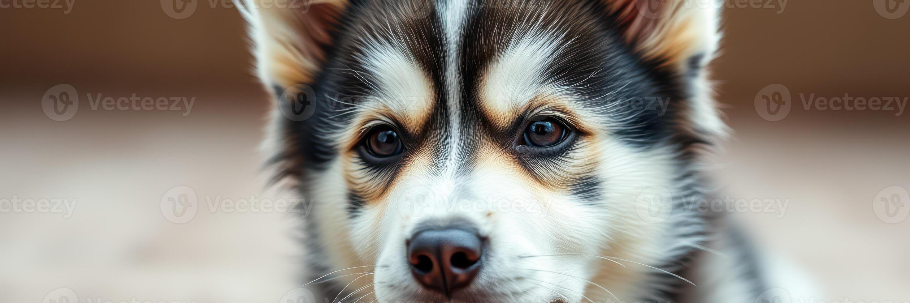 Playful puppy with striking fur rests on wooden floor during sunny afternoon photo