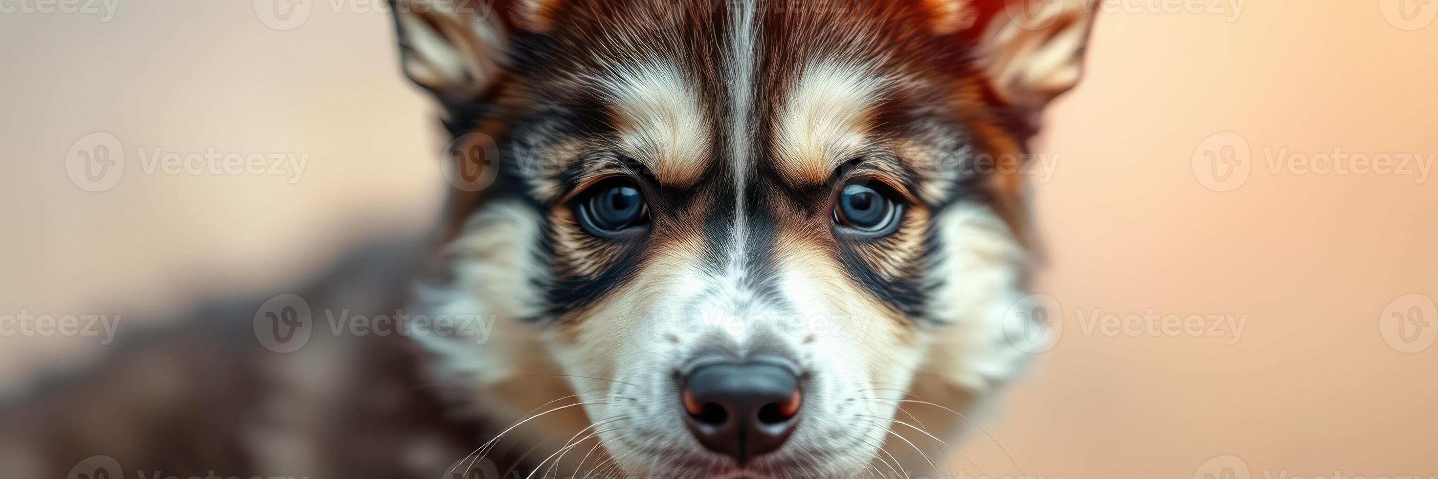 Beautiful young husky with striking blue eyes gazes intently at the camera against a soft background photo