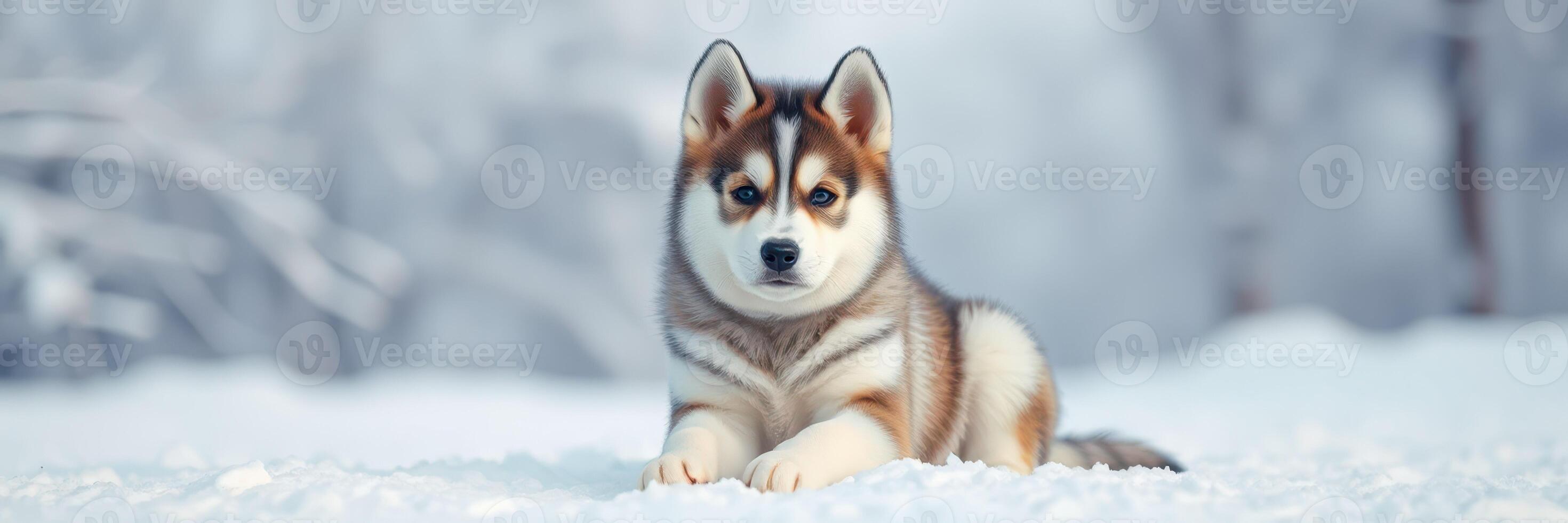 Cute husky puppy resting on snow in a winter landscape under soft light photo