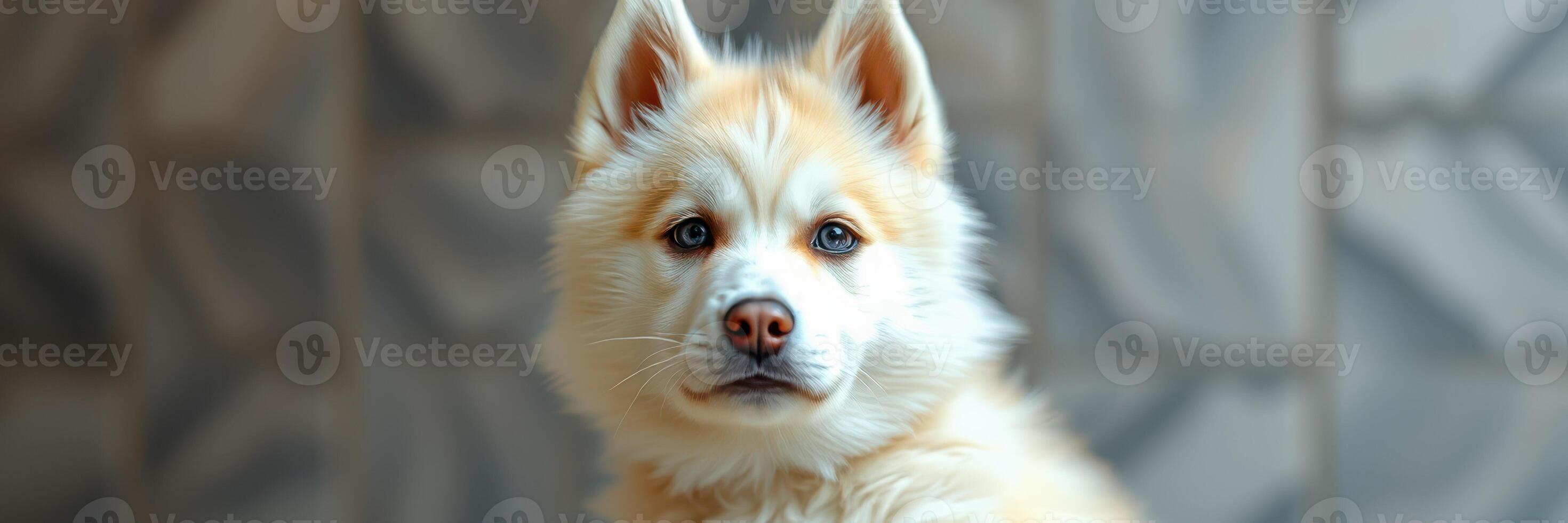 Cute samoyed dog sits calmly indoors with a playful expression photo