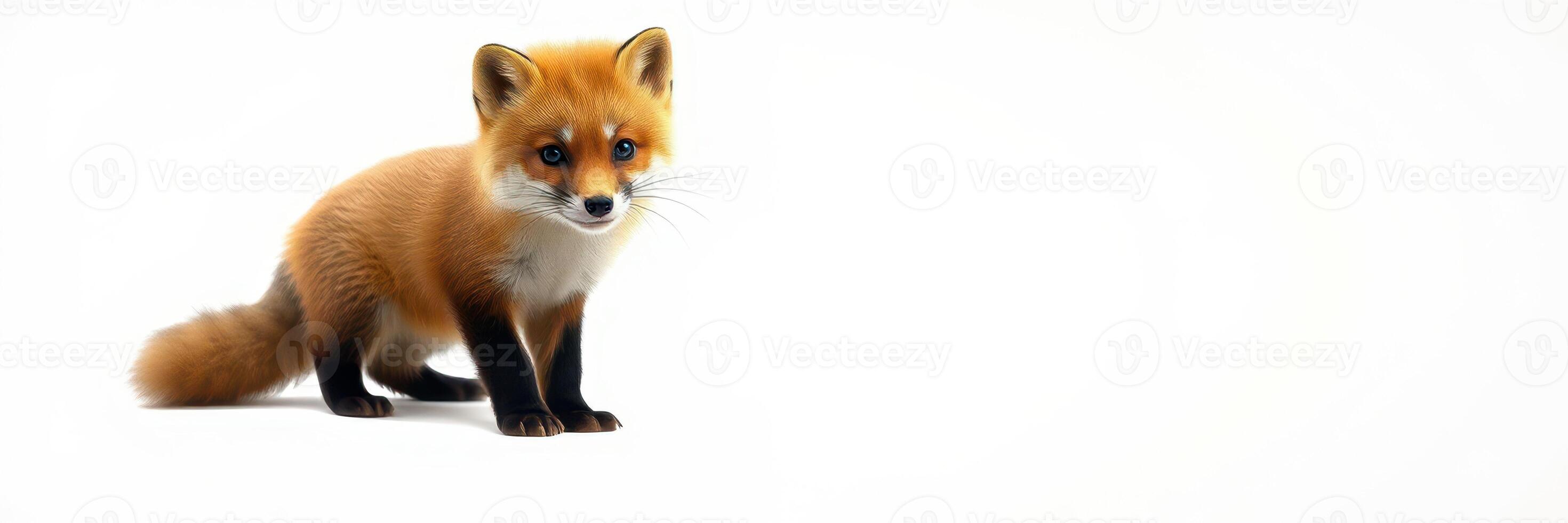 Curious young fox stands on a bright background looking for adventure and exploration in a natural setting photo