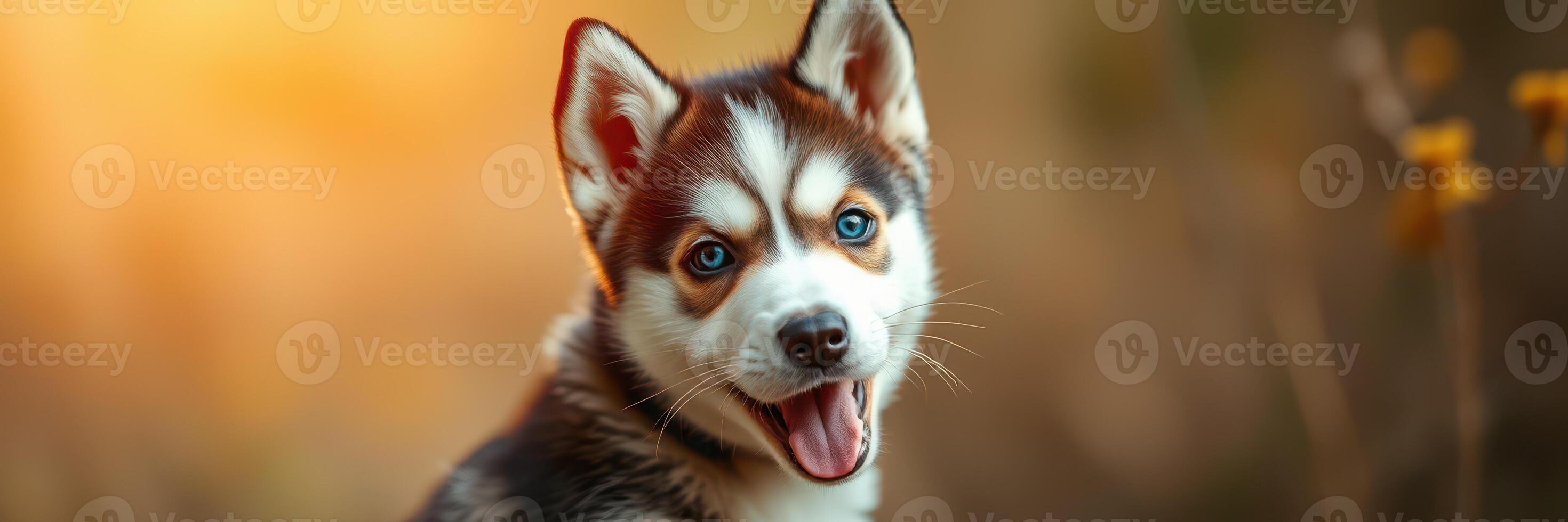 Happy husky puppy playing in a meadow during golden hour, capturing playful spirit and vibrant colors photo