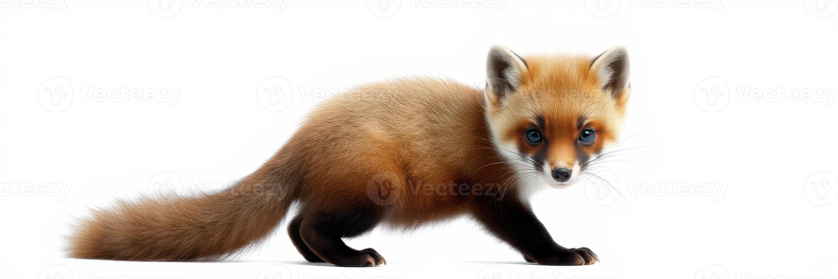 Cute red fox walking gracefully in a studio with a white background during daylight photo
