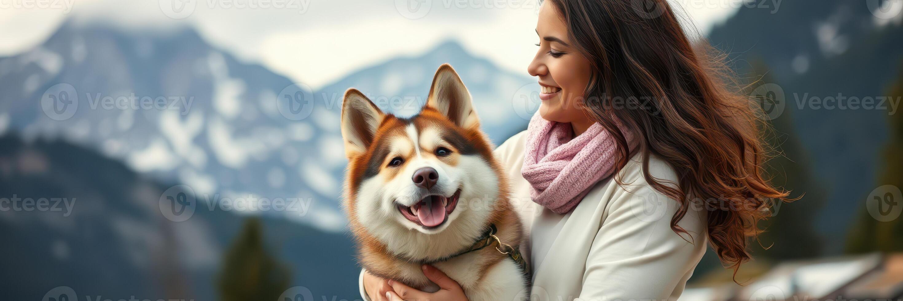 Woman joyfully embraces her fluffy dog in a scenic mountain landscape during a sunny day photo