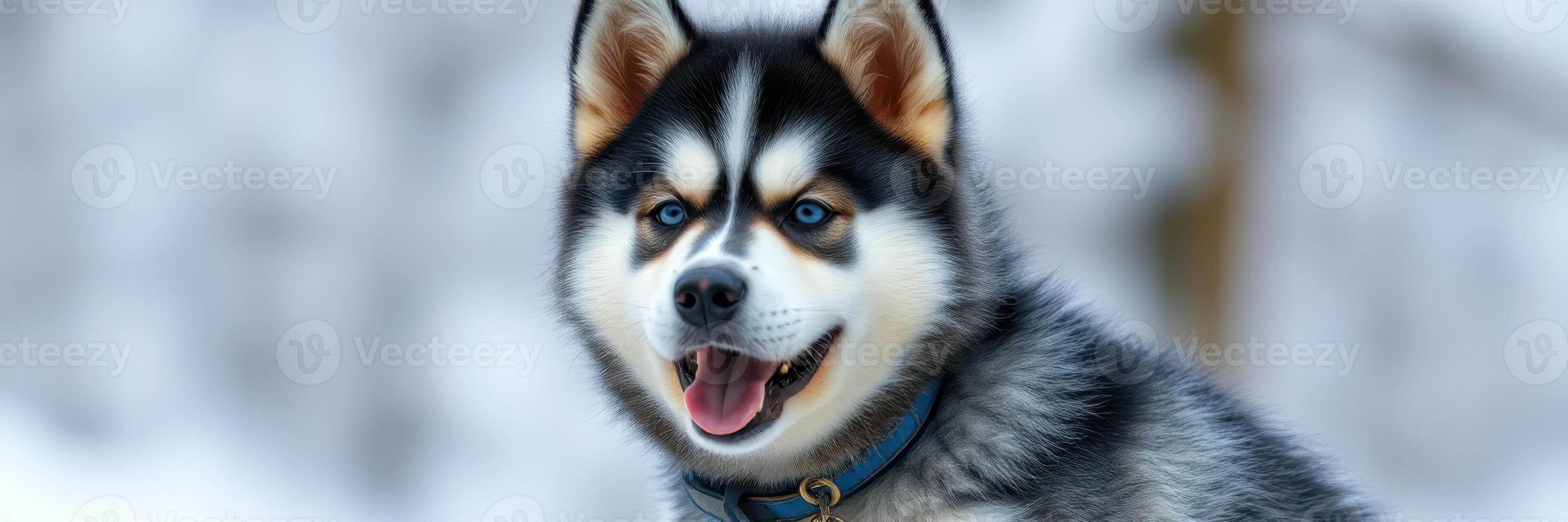 Playful husky puppy enjoying a snowy landscape during winter photo