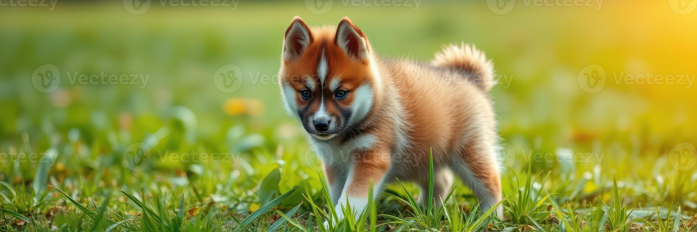 Cute shiba inu puppy playing on green grass during golden hour sunlight in an outdoor park setting photo