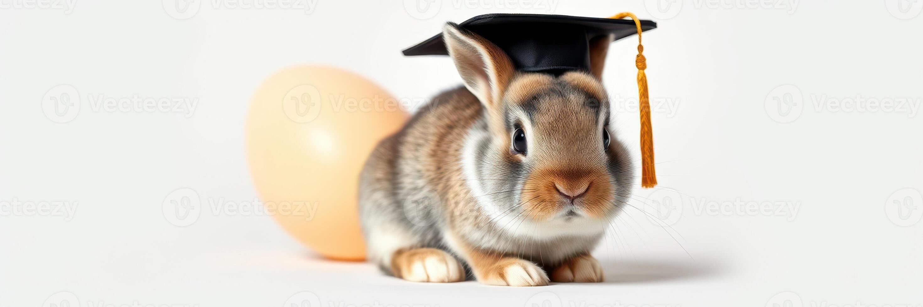 Graduation rabbit wearing a cap with an egg in the background celebrating academic achievement in a festive setting photo