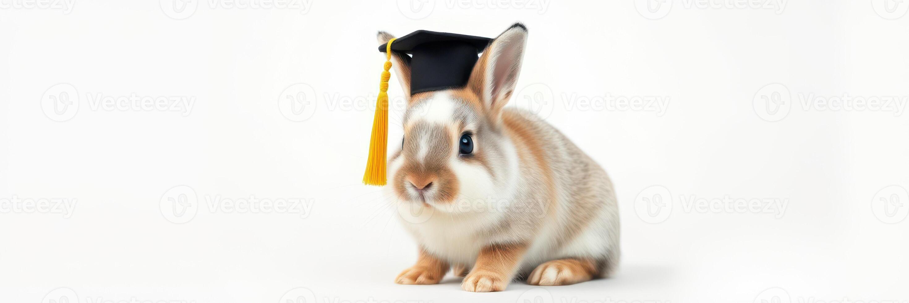 Rabbit wearing graduation cap on white background showcasing a fun and festive moment of celebration photo