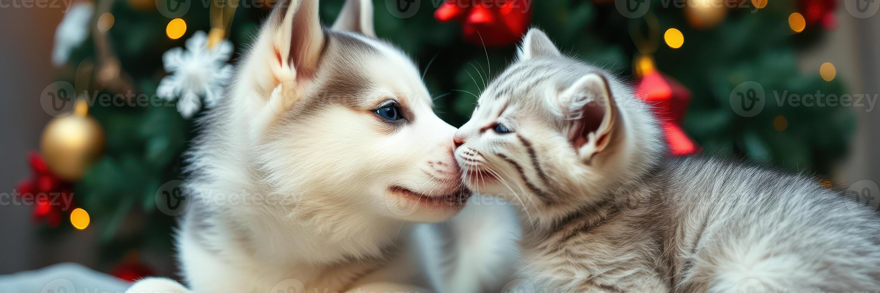 Cute husky puppy and gray kitten bonding near a decorated Christmas tree during the holiday season photo