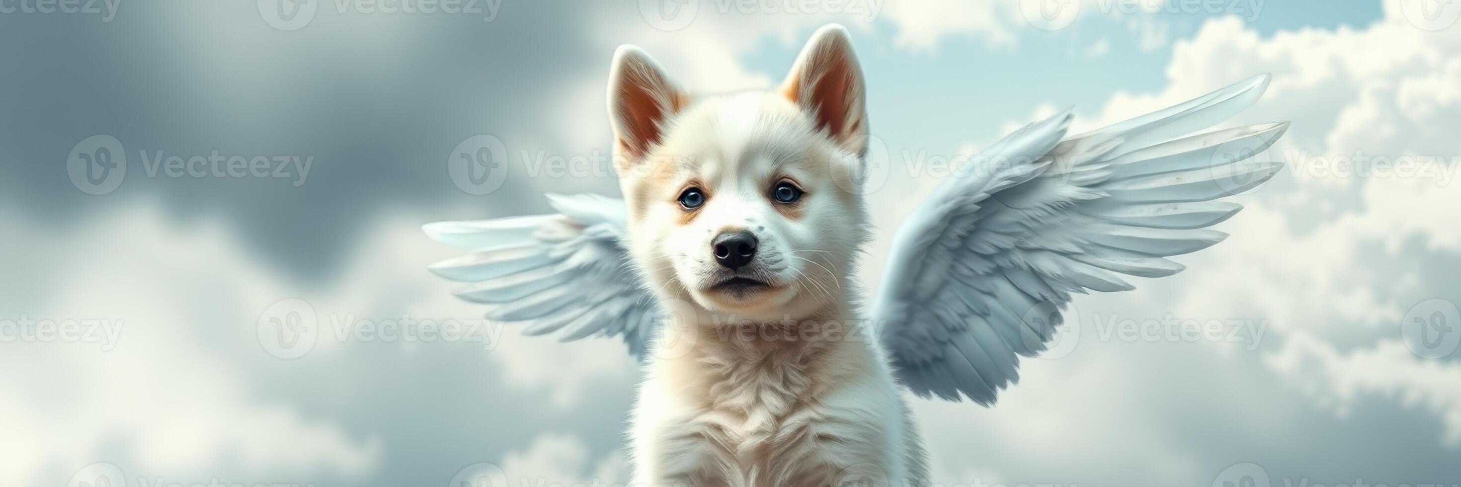 Cute white puppy with angel wings amidst fluffy clouds in a serene sky photo