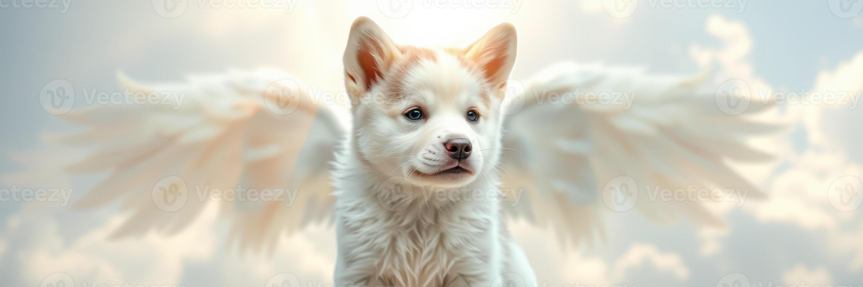 Cute puppy with angelic wings posing against a soft cloud background during golden hour light photo