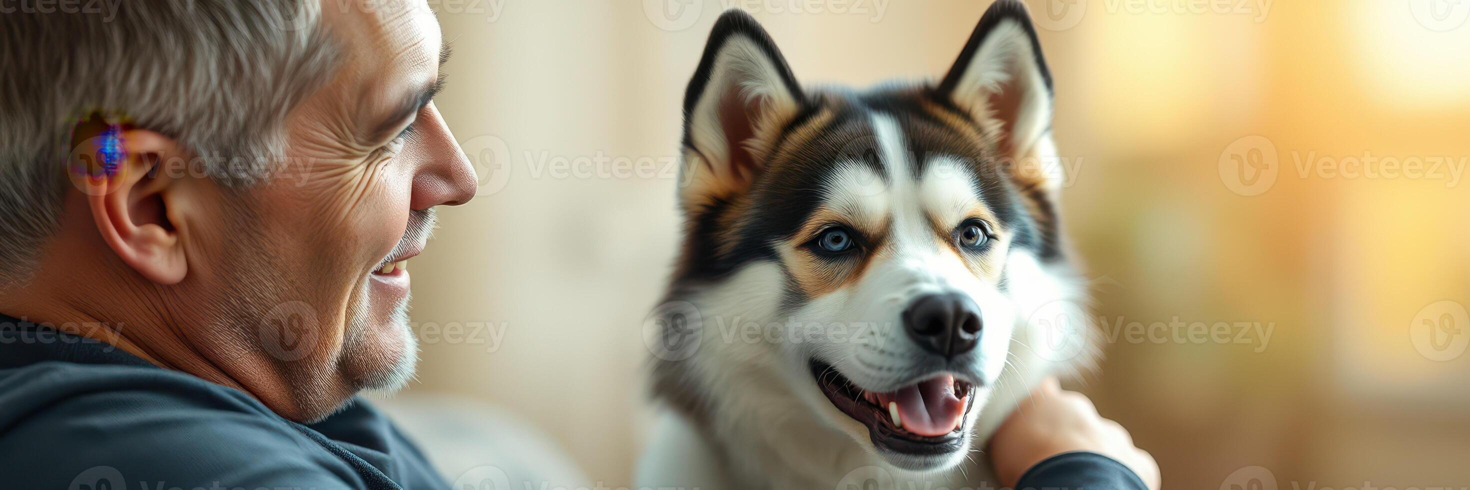 Man enjoys quality time with his happy dog in a cozy indoor setting during the afternoon photo