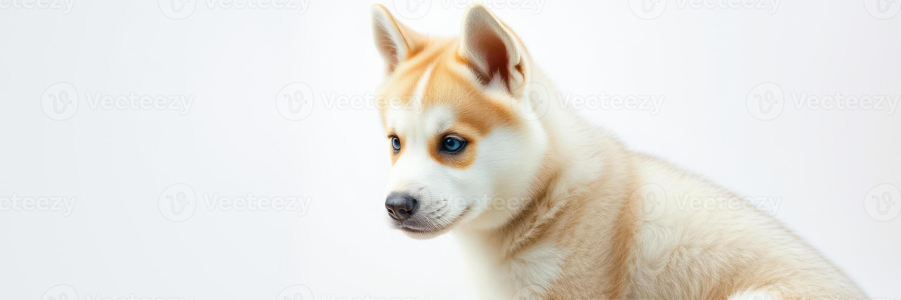 Puppy sits calmly with a curious expression in a well-lit indoor setting photo