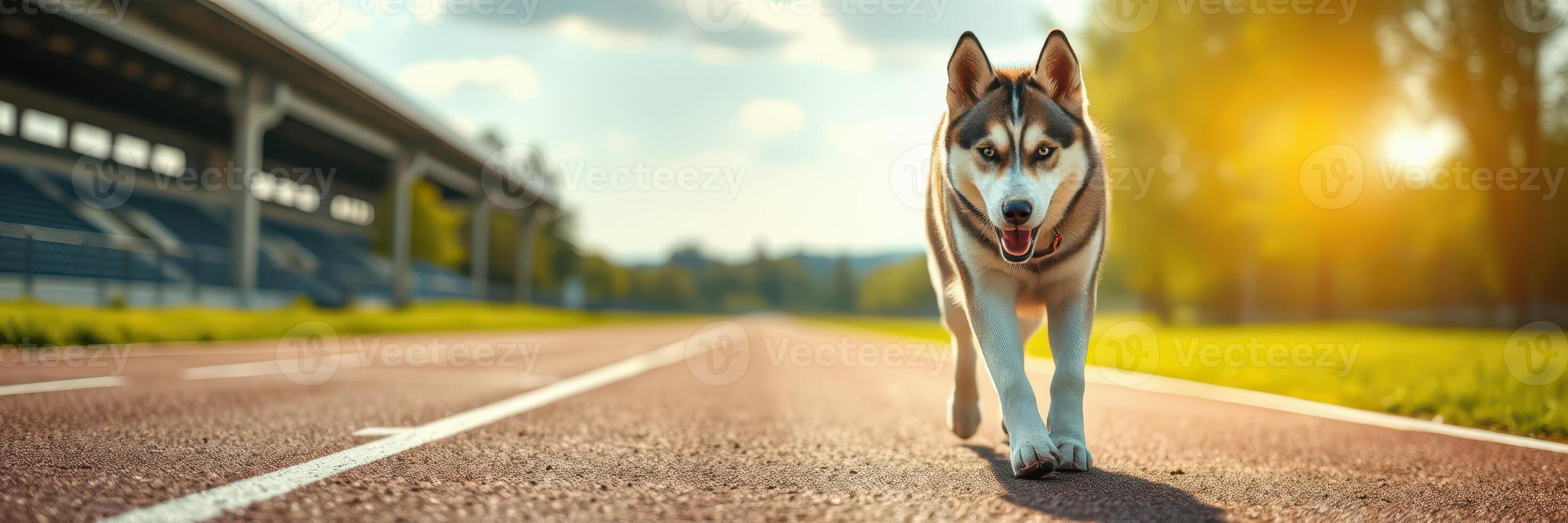 Husky walking along a running track in a sunny afternoon setting with lush greenery in the background photo