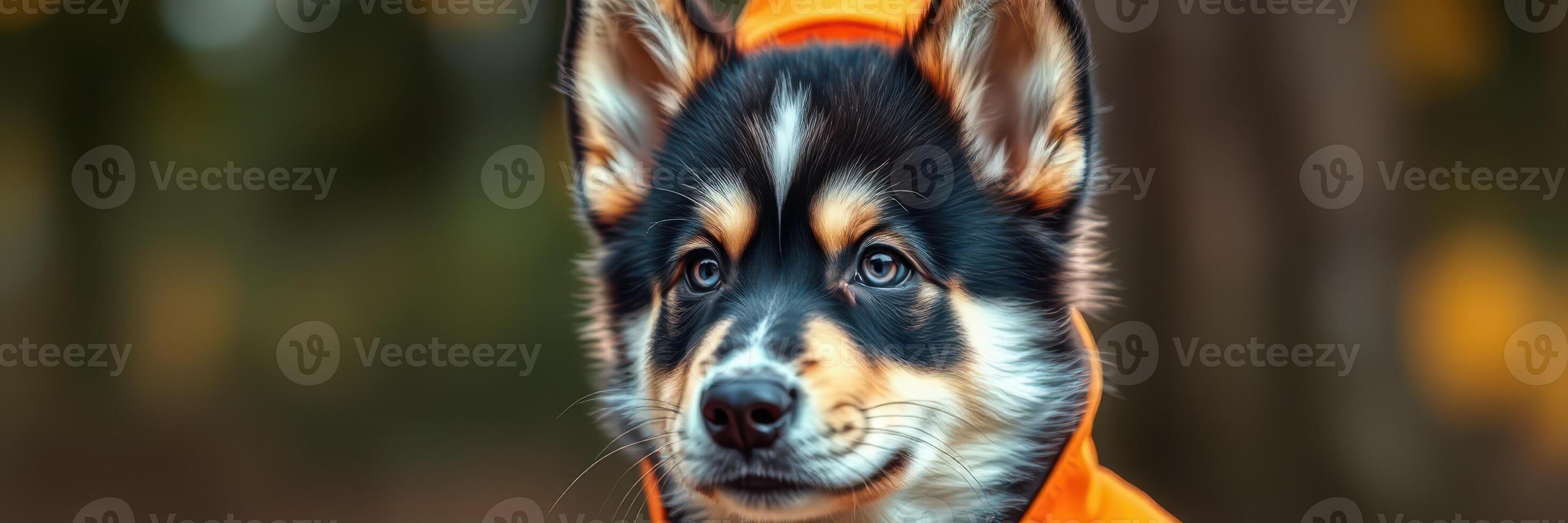 Cute puppy in an orange coat enjoying an autumn day in a park surrounded by colorful foliage photo