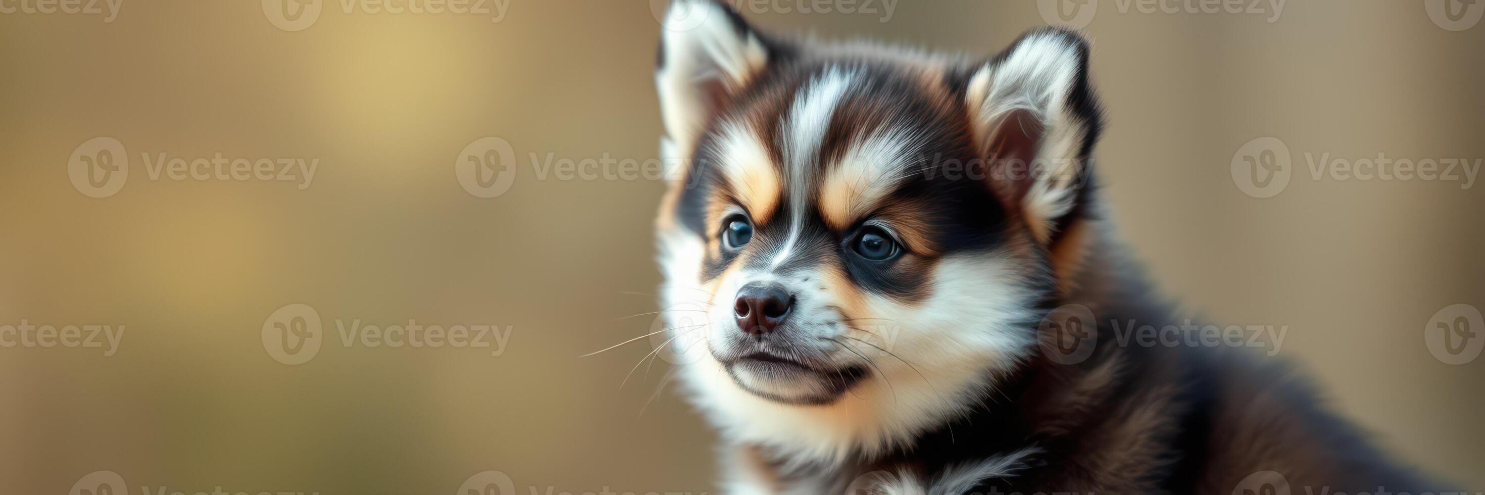 Cute puppy sitting in soft light outdoors with a curious expression on its face photo