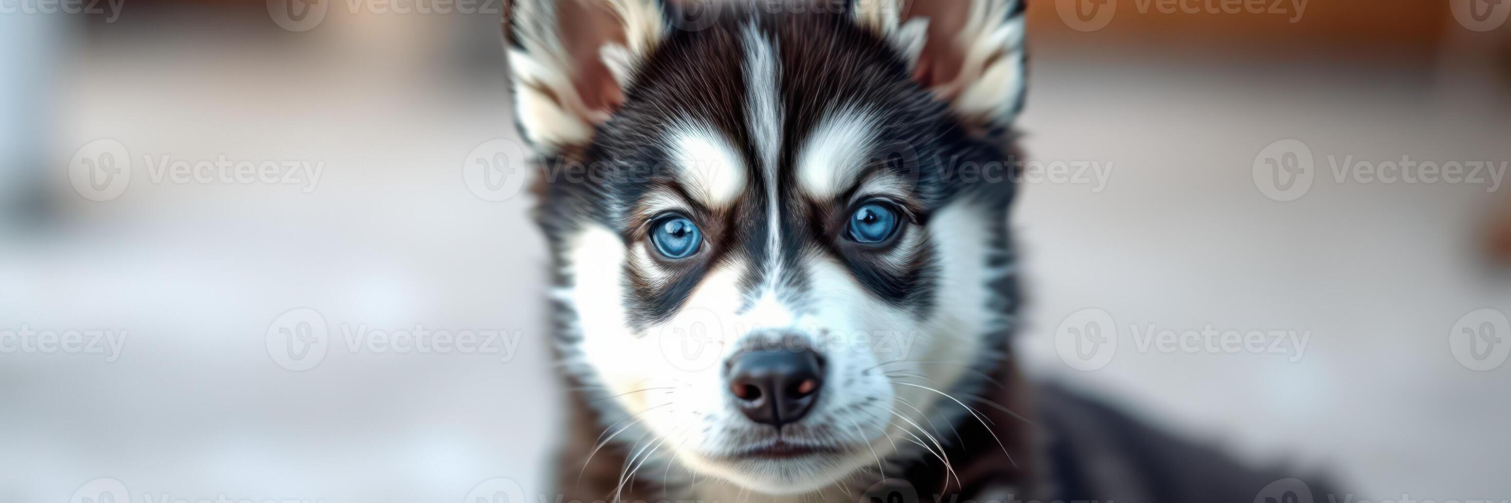 Beautiful husky puppy with striking blue eyes resting indoors near soft light in a cozy setting photo