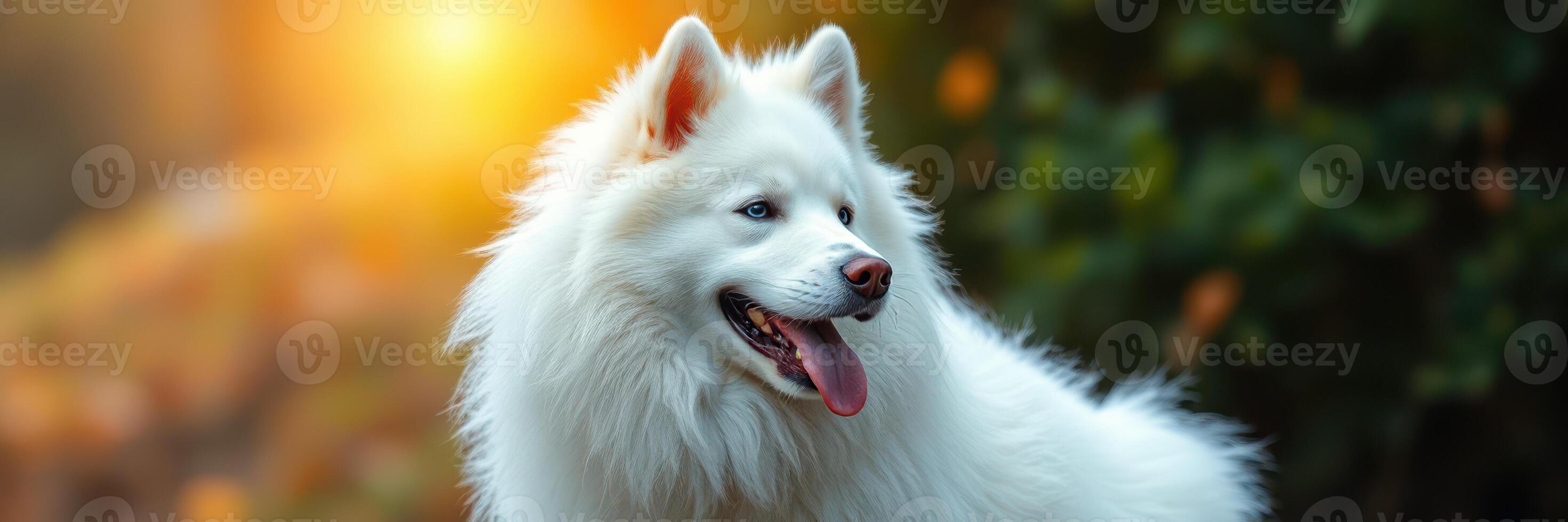 Samoyed dog enjoying a sunny afternoon in a forest setting with warm light filtering through the trees photo