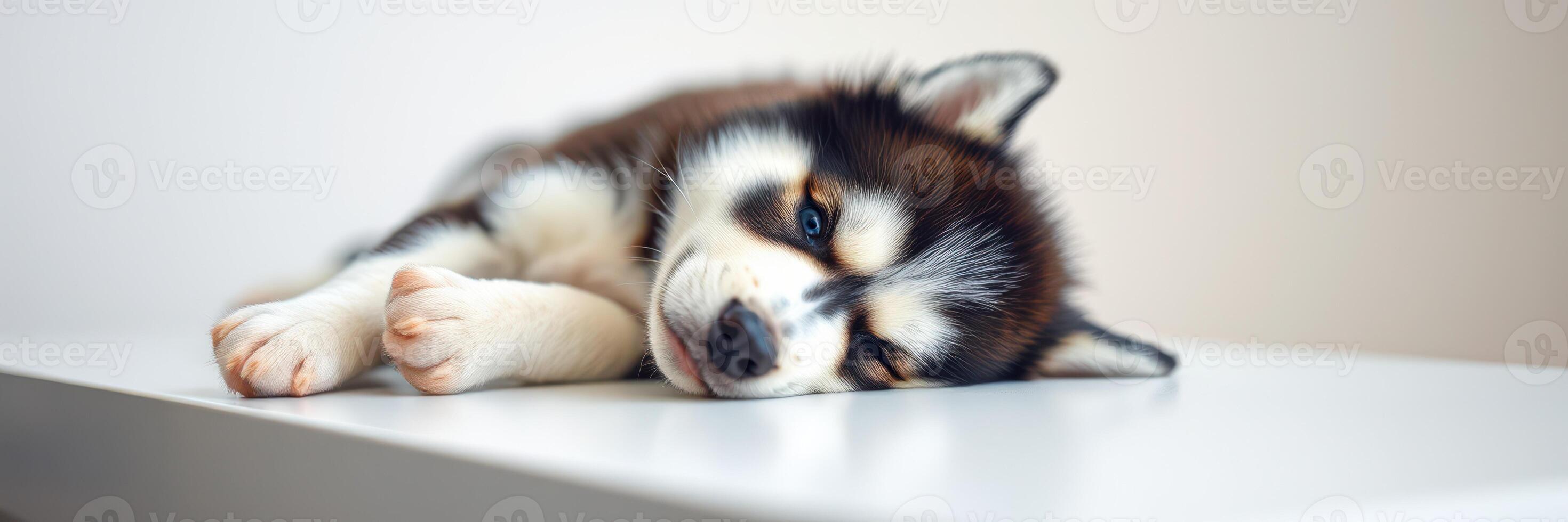 Sleeping husky puppy resting on a table in a cozy indoor environment during daytime hours photo