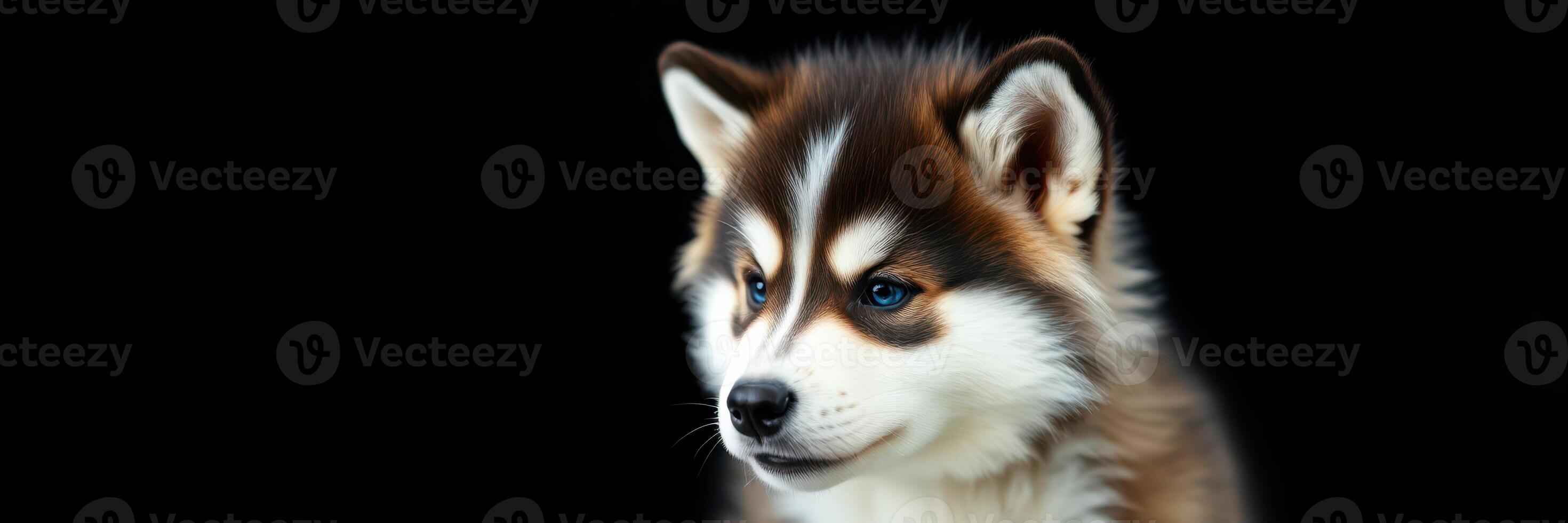 Beautiful male Alaskan Malamute posing against a sleek black background showcasing its unique coat and striking eyes in a close-up photo