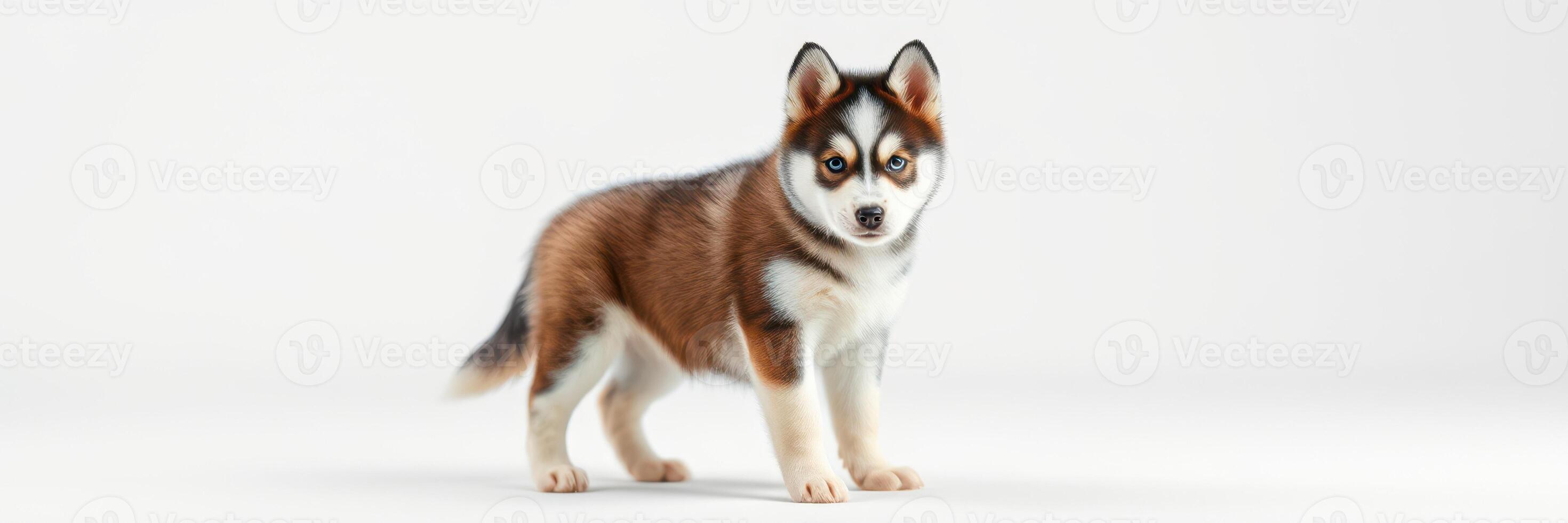 Husky puppy standing in a studio setting showcasing its playful and curious nature photo