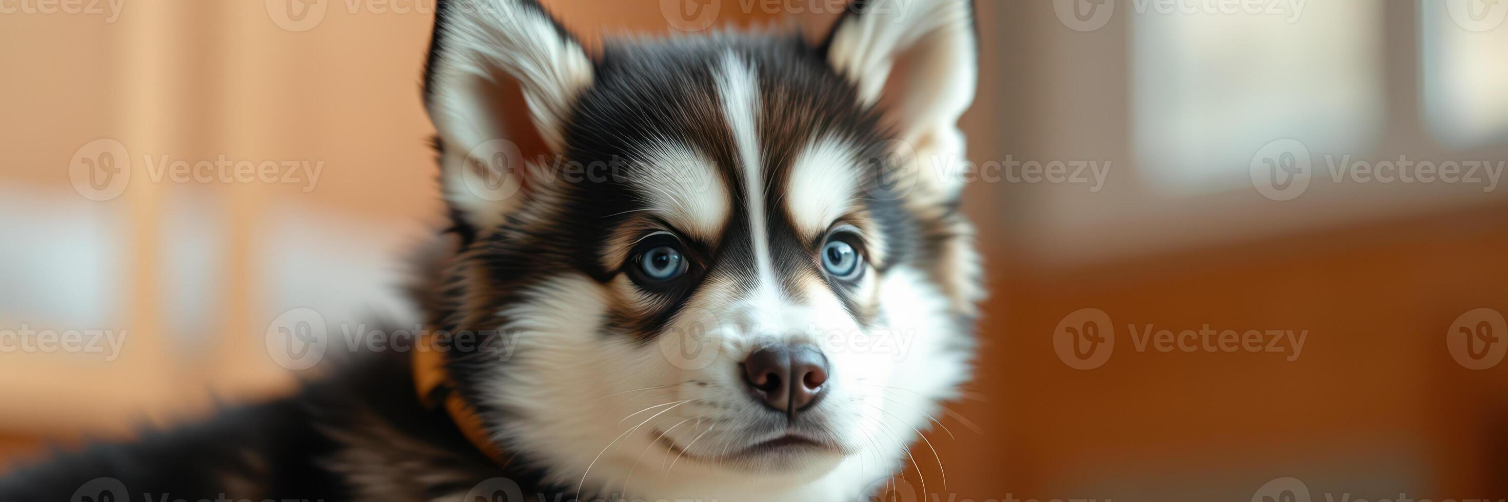Puppy sits calmly indoors with striking blue eyes and distinct coat pattern in a cozy living space photo
