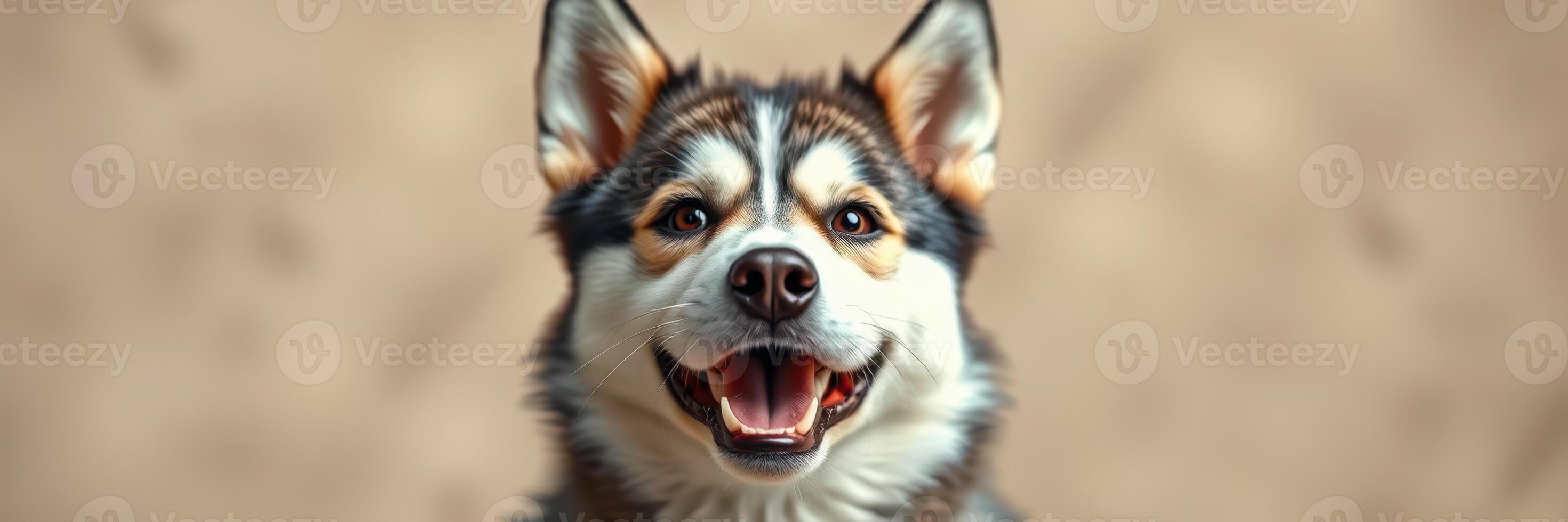 Happy dog sitting outdoors with a joyful expression and lively demeanor, enjoying the day in a sunny environment photo