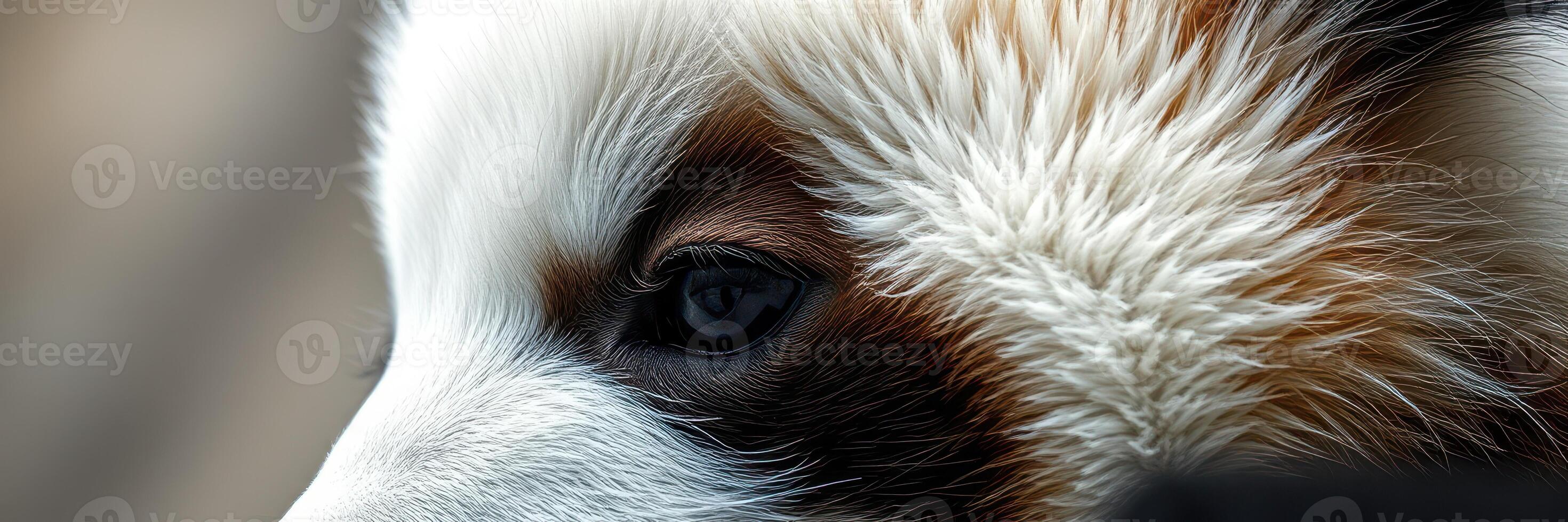 Close-up view of a dog's face revealing intricate fur patterns and deep, expressive eyes photo