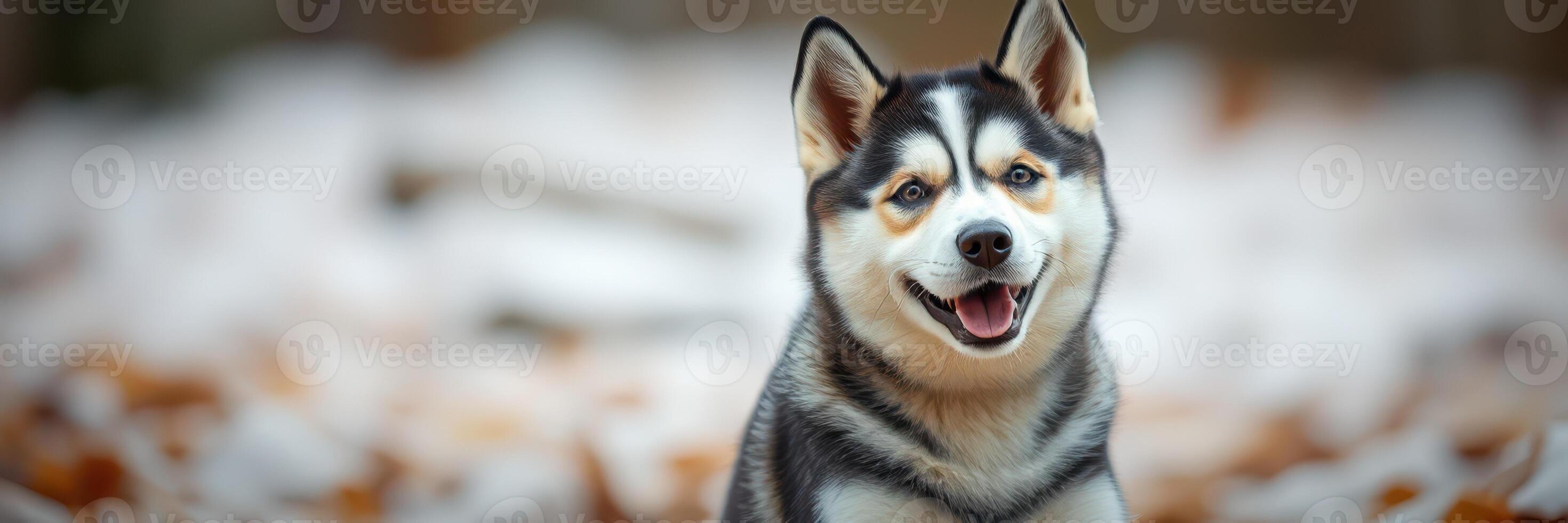 Happy dog enjoys the autumn leaves while sitting outdoors in a park during the golden hour photo