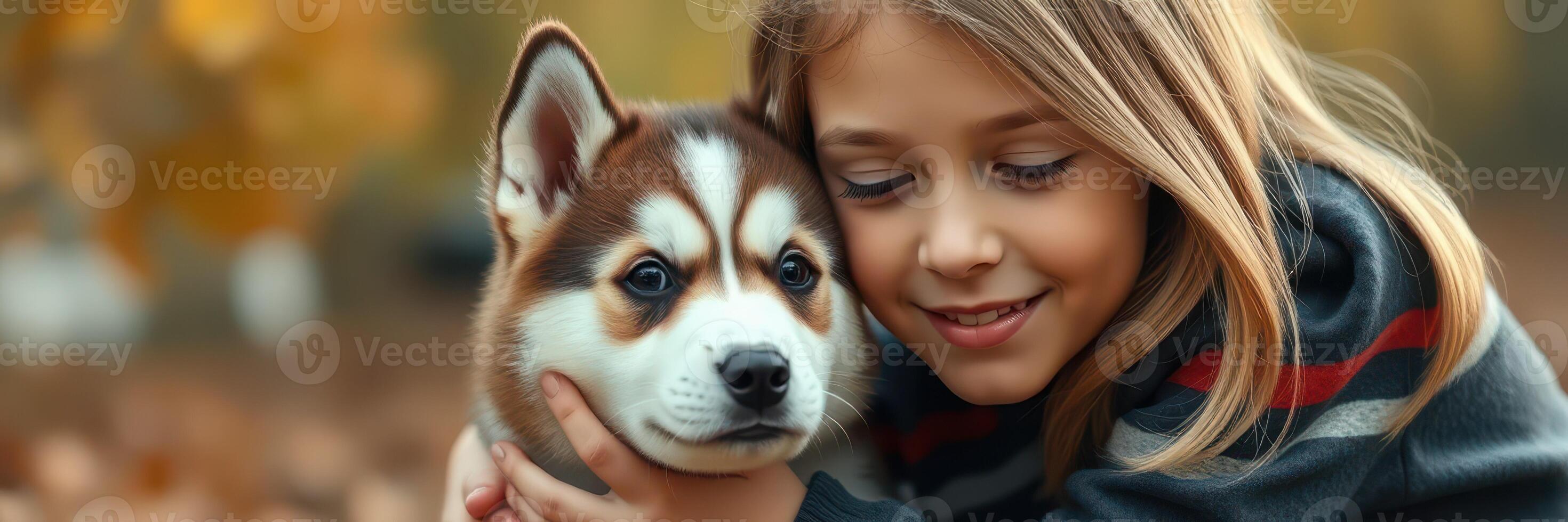 Child enjoys a tender moment with a fluffy puppy in a vibrant autumn park photo